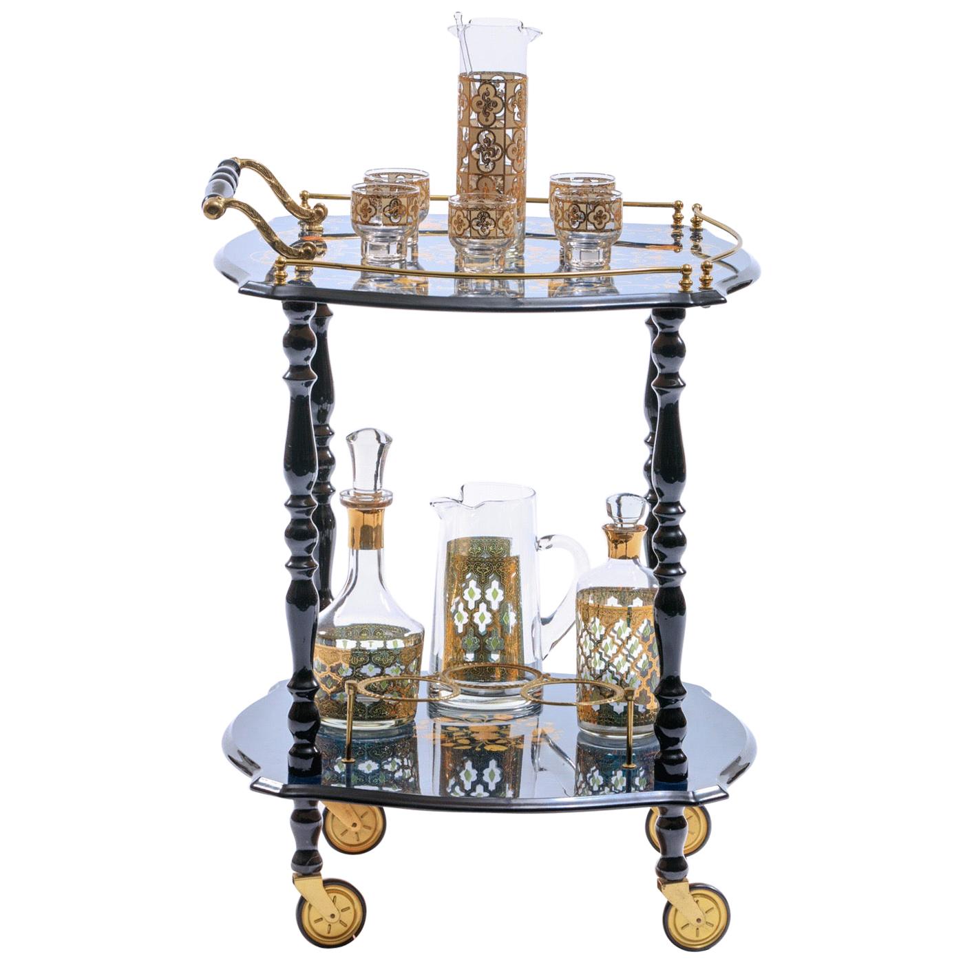 Blue Hollywood Regency Bar Cart with Floral Inlay & Brass Details Made in Italy