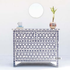 Blue Honeycomb Floral Bone Inlay Four-Drawer Dresser by House of Jaipur