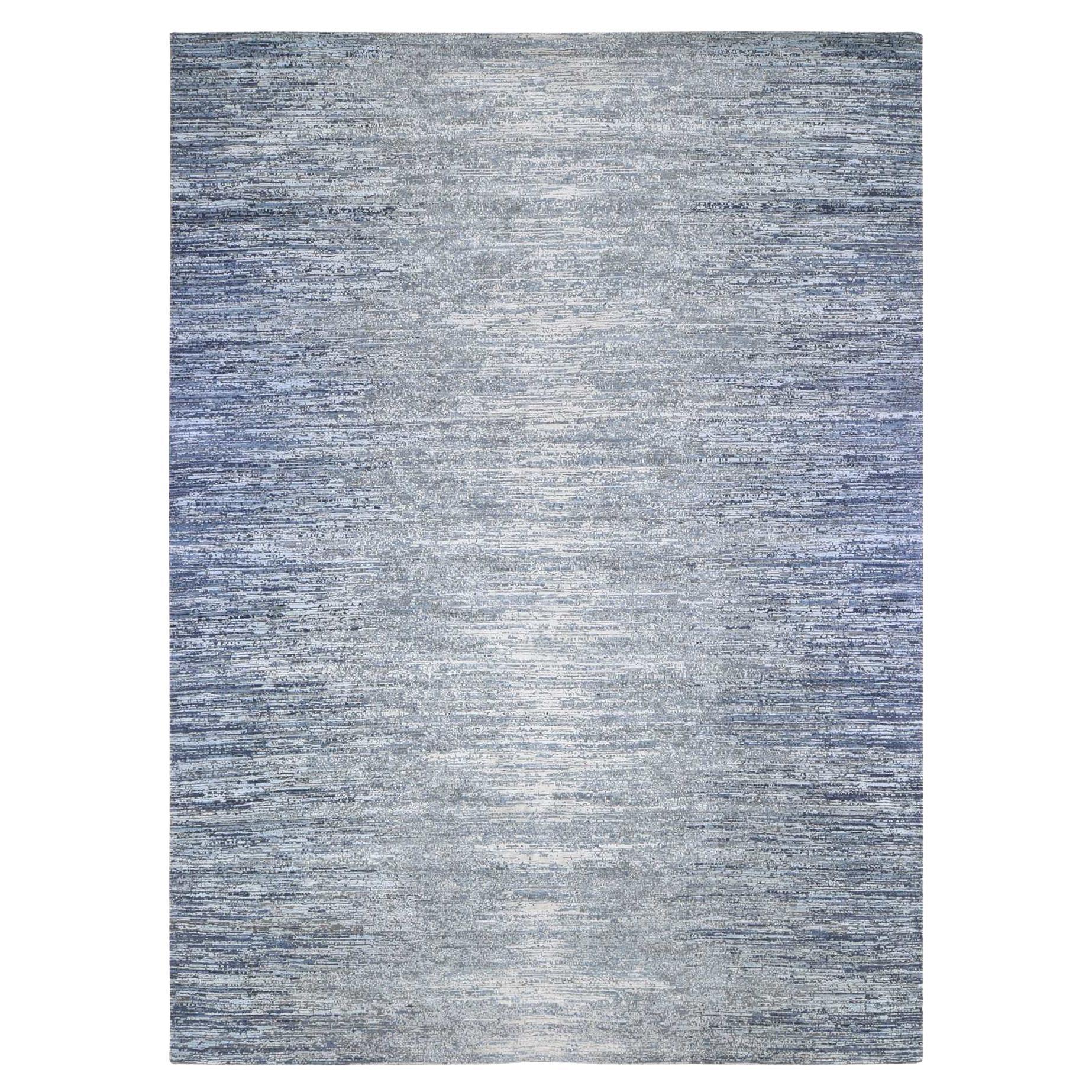 Blue Horizontal Ombre Design Hand Knotted Wool and Pure Silk Rug 10'0" x 14'0"
