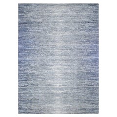 Blue Horizontal Ombre Design Hand Knotted Wool and Pure Silk Rug 10'0" x 14'0"