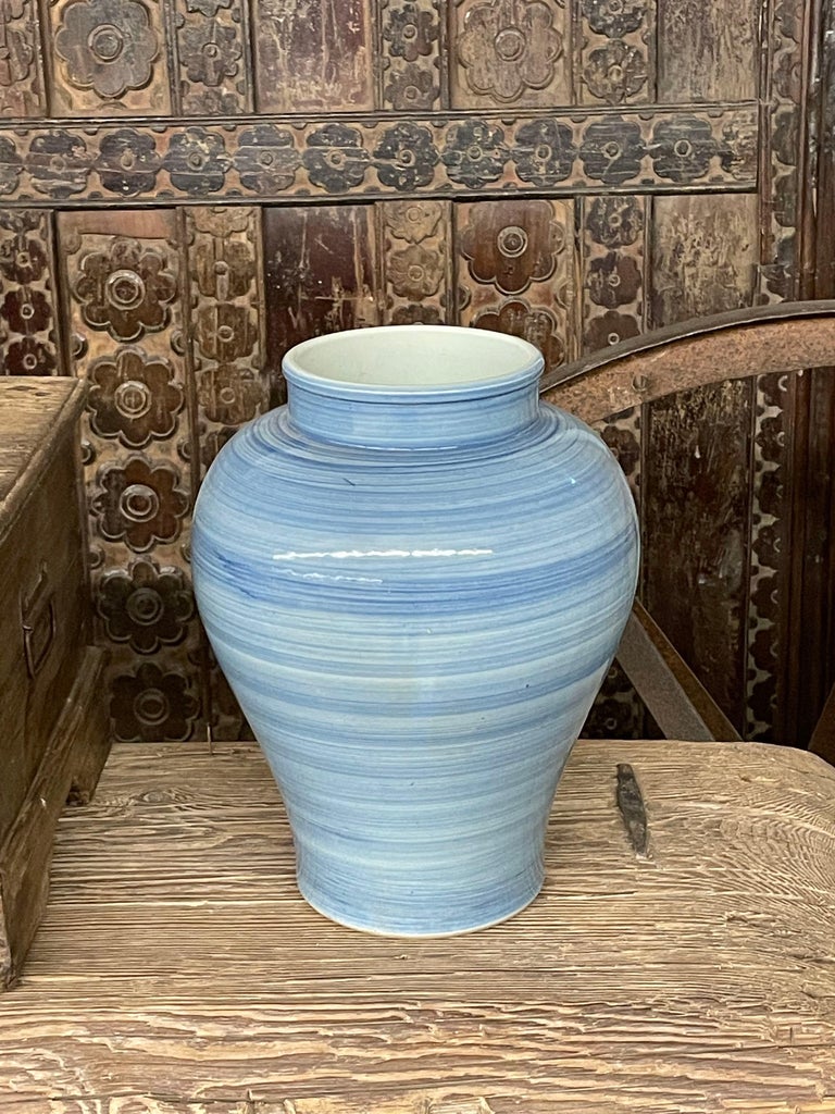 Blue Horizontal Striated Pair Of Ginger Jar Shape Vases, China