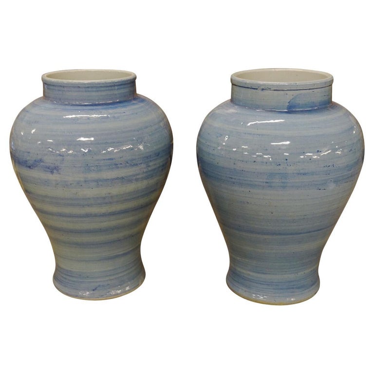 Blue Horizontal Striated Pair Of Ginger Jar Shape Vases, China