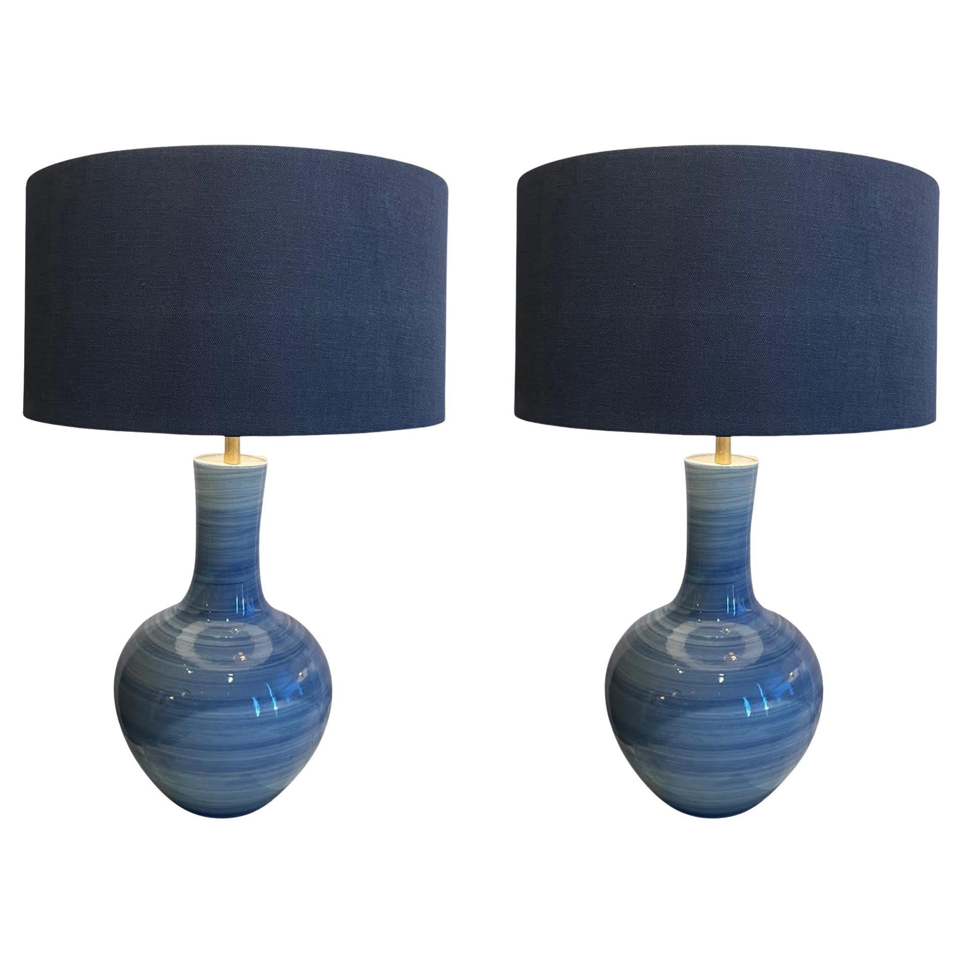 Blue Horizontal Striated Pattern Pair Of Lamps With Shades, China, Contemporary