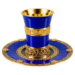 Blue Hot Enamel Kiddush Cup And Plate Set In 925 Silver- Handcrafted To Order