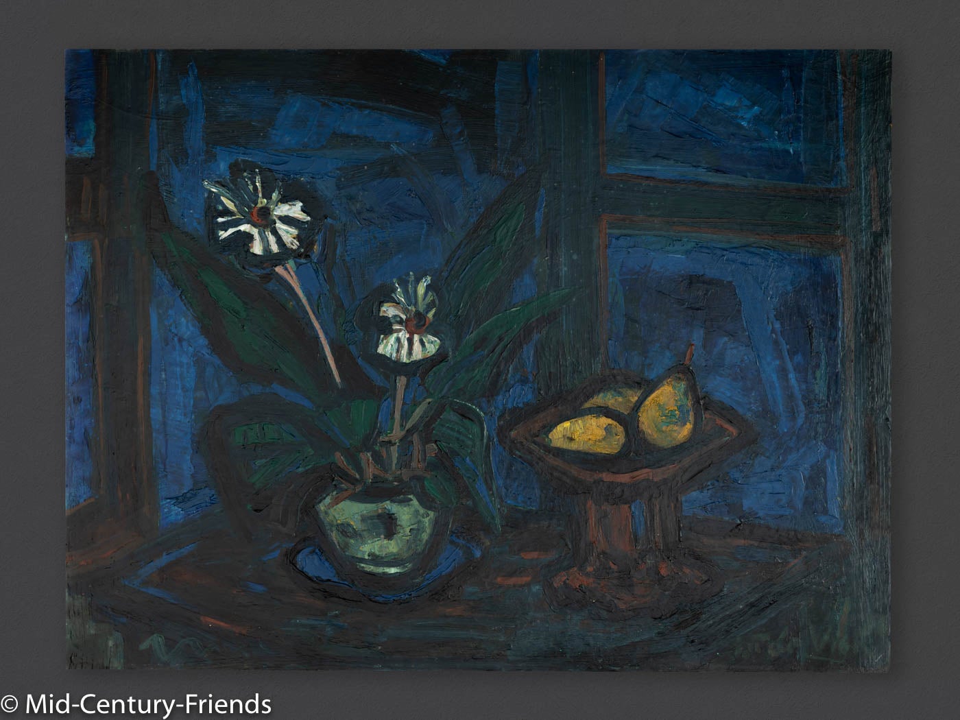 Still life with flower and pear in a dark surrounding. Provided with a wooden frame on the backside. Frameless in the front view. Ready to hang.