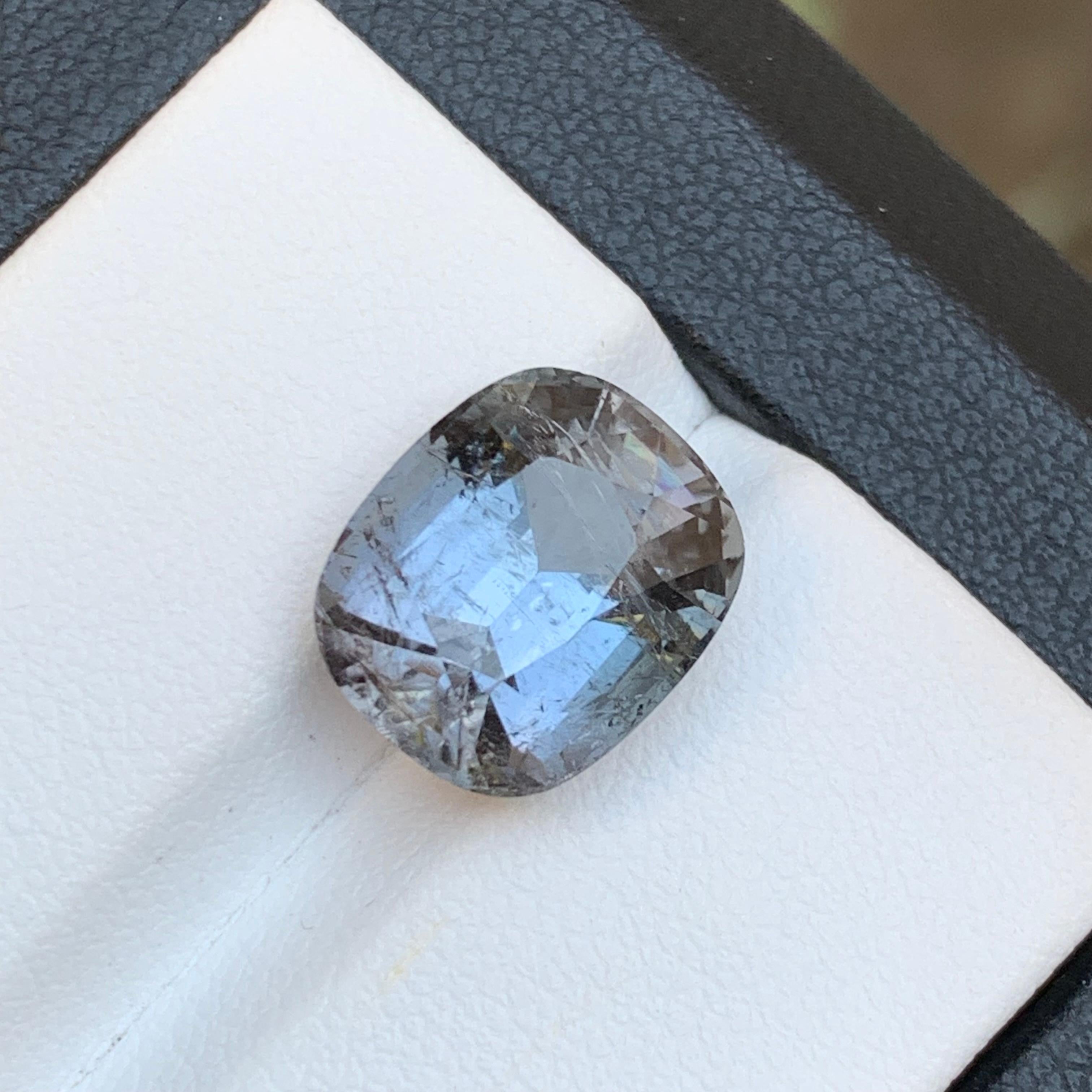 Blue Hue Grey Natural Tourmaline Ring, Pendant Loose Gemstone 6.80Ct Cushion Cut For Sale 2