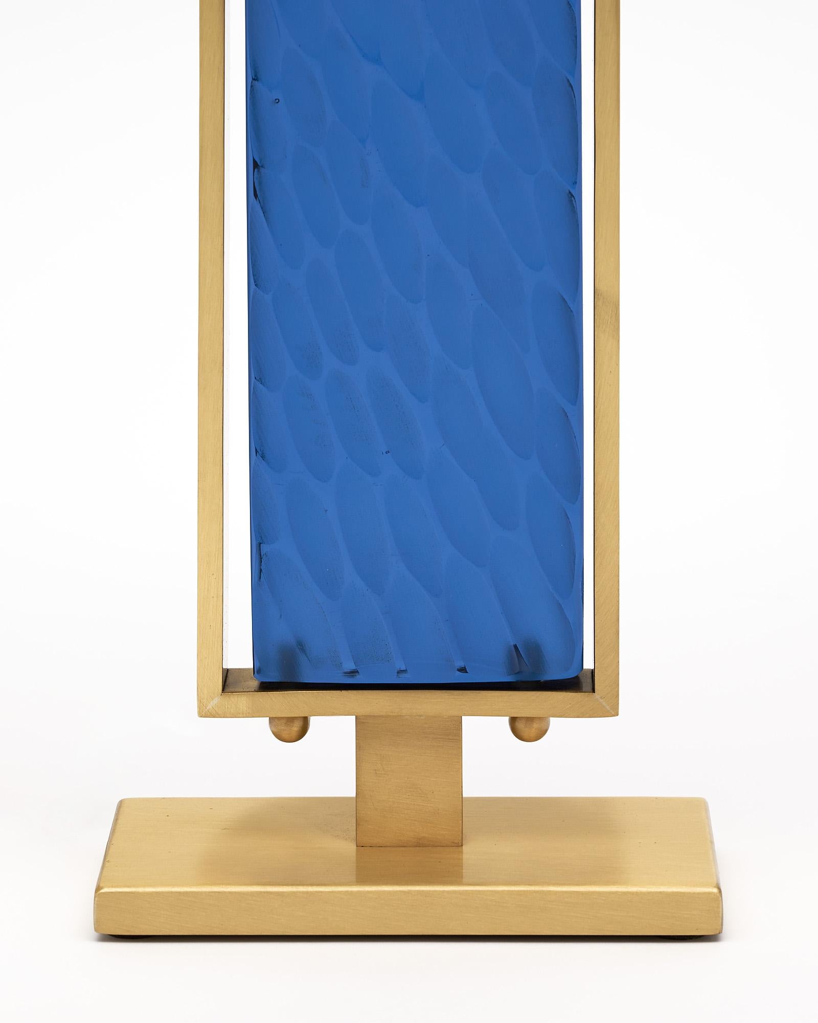 Modern Blue Hued Murano Glass and Brass Table Lamps For Sale
