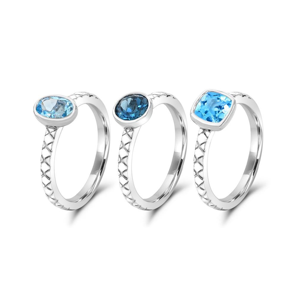 Cushion Cut 4.0 ct. Blue Hue Topaz Stackable Triple Ring Set in Sterling Silver For Sale