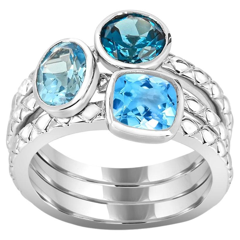 4.0 ct. Blue Hue Topaz Stackable Triple Ring Set in Sterling Silver For Sale