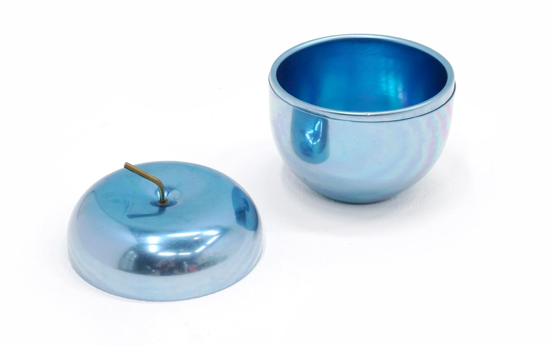 Mid-Century Modern Blue Ice Bucket, Apple Shaped Aluminum with Brass Stem by Ettore Sottsass