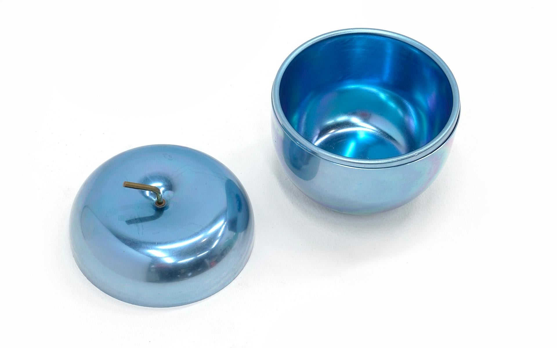 Italian Blue Ice Bucket, Apple Shaped Aluminum with Brass Stem by Ettore Sottsass