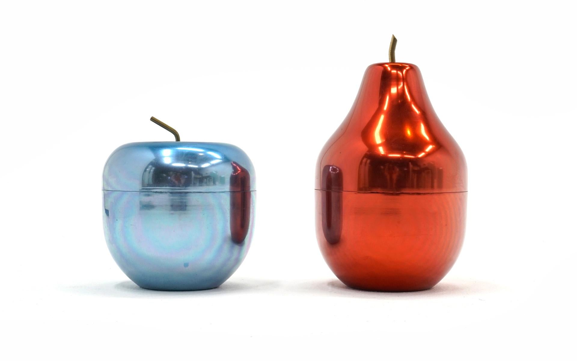 Blue Ice Bucket, Apple Shaped Aluminum with Brass Stem by Ettore Sottsass 1