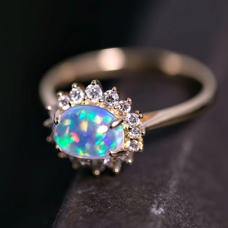 Arts and Crafts Blue-Ice Fire Opal Halo Diamond Engagement Ring 18K Yellow Gold