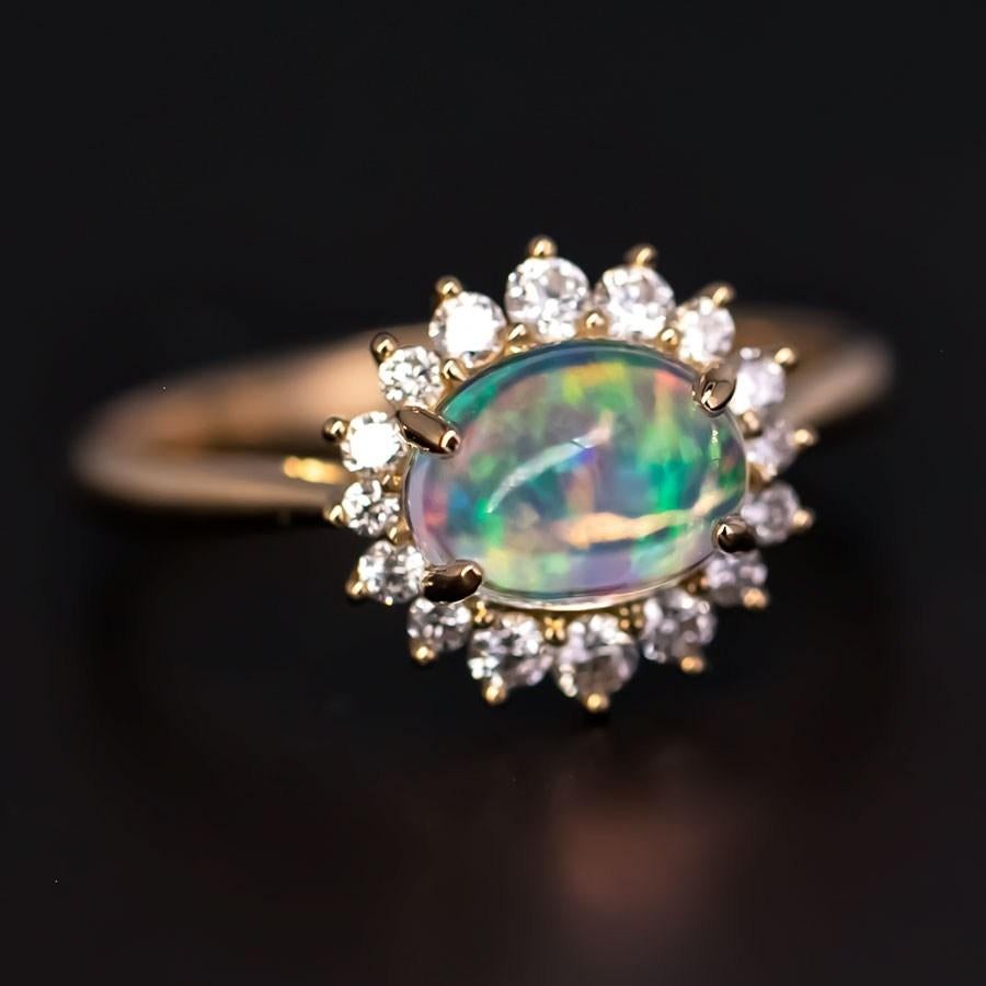 Brilliant Cut Blue-Ice Fire Opal Halo Diamond Engagement Ring 18K Yellow Gold