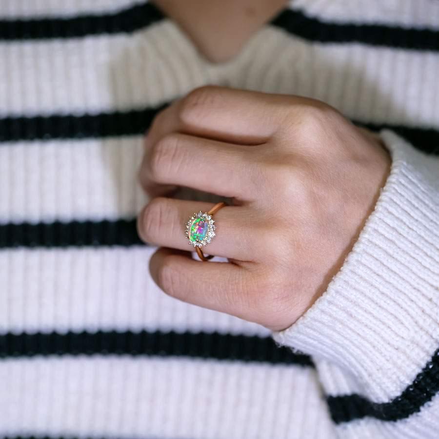 Blue-Ice Fire Opal Halo Diamond Engagement Ring 18K Yellow Gold In New Condition In Suwanee, GA