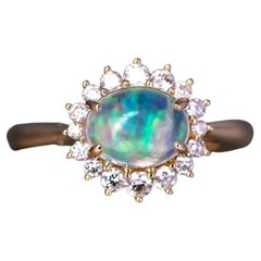 Blue-Ice Fire Opal Halo Diamond Engagement Ring 18K Yellow Gold