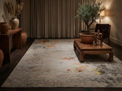 Blue India Wool Silk Blend Hand Knotted Rug 10 ft x 14 ft Painterly Horizon Mist