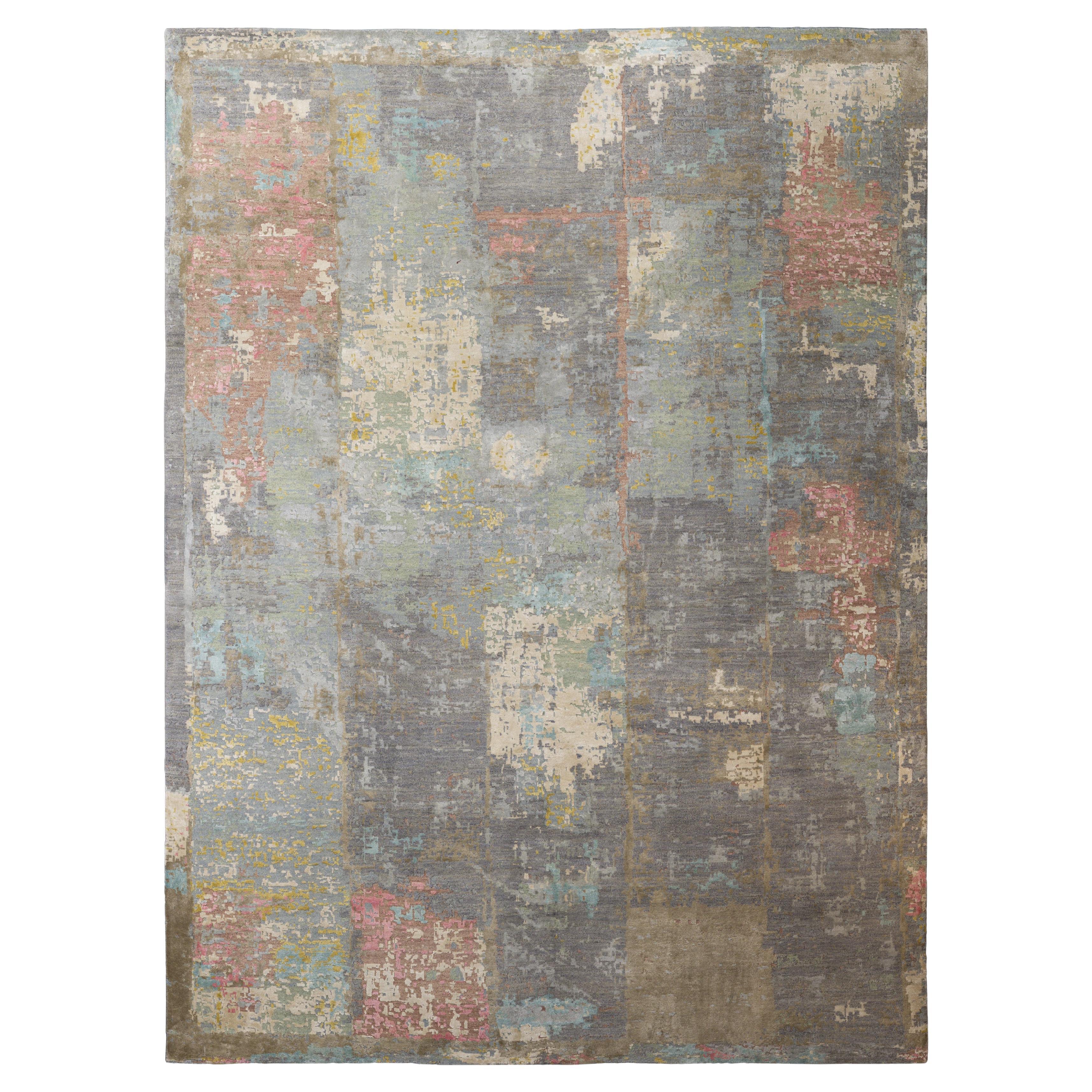 Blue Indian Wool And Silk Hand Knotted Rug 9 ft x 12 ft, Cloud Geometry Mist