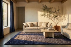 Blue Indian Wool Hand Knotted Rug 6 ft x 8 ft, Linear Strata Serenity
