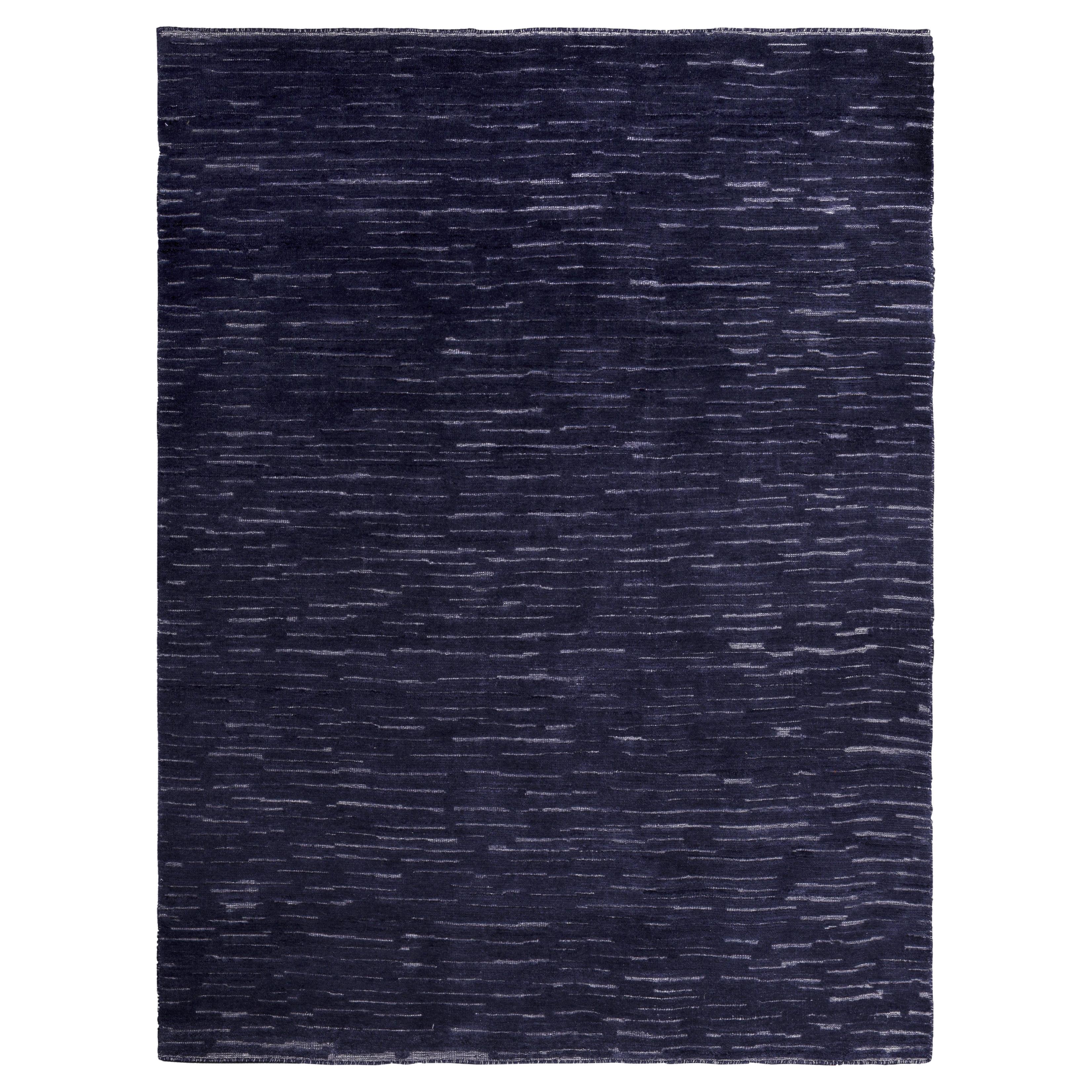 Blue Indian Wool Hand Knotted Rug 6 ft x 8 ft, Linear Strata Serenity