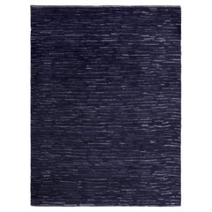 Blue Indian Wool Hand Knotted Rug 6 ft x 8 ft, Linear Strata Serenity