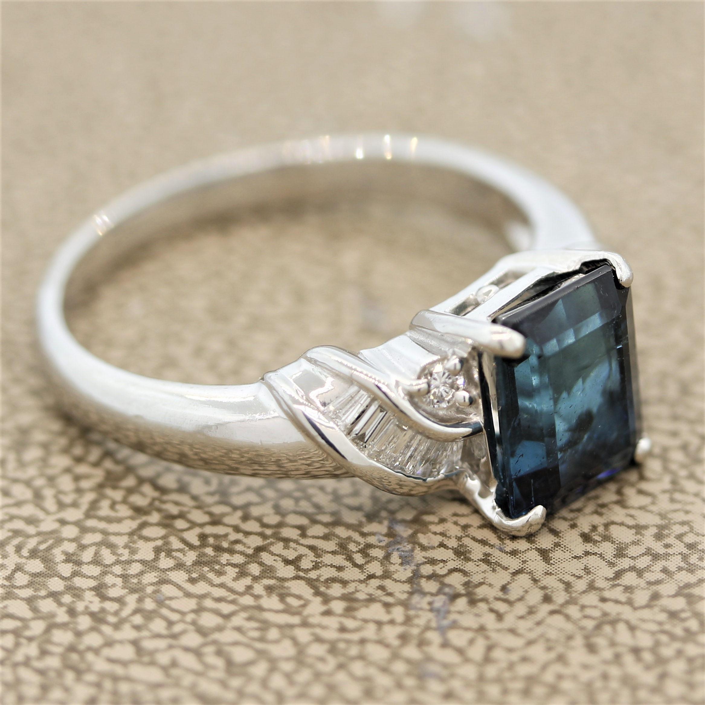 Mixed Cut Blue Indicolite Tourmaline Diamond Platinum Ring For Sale