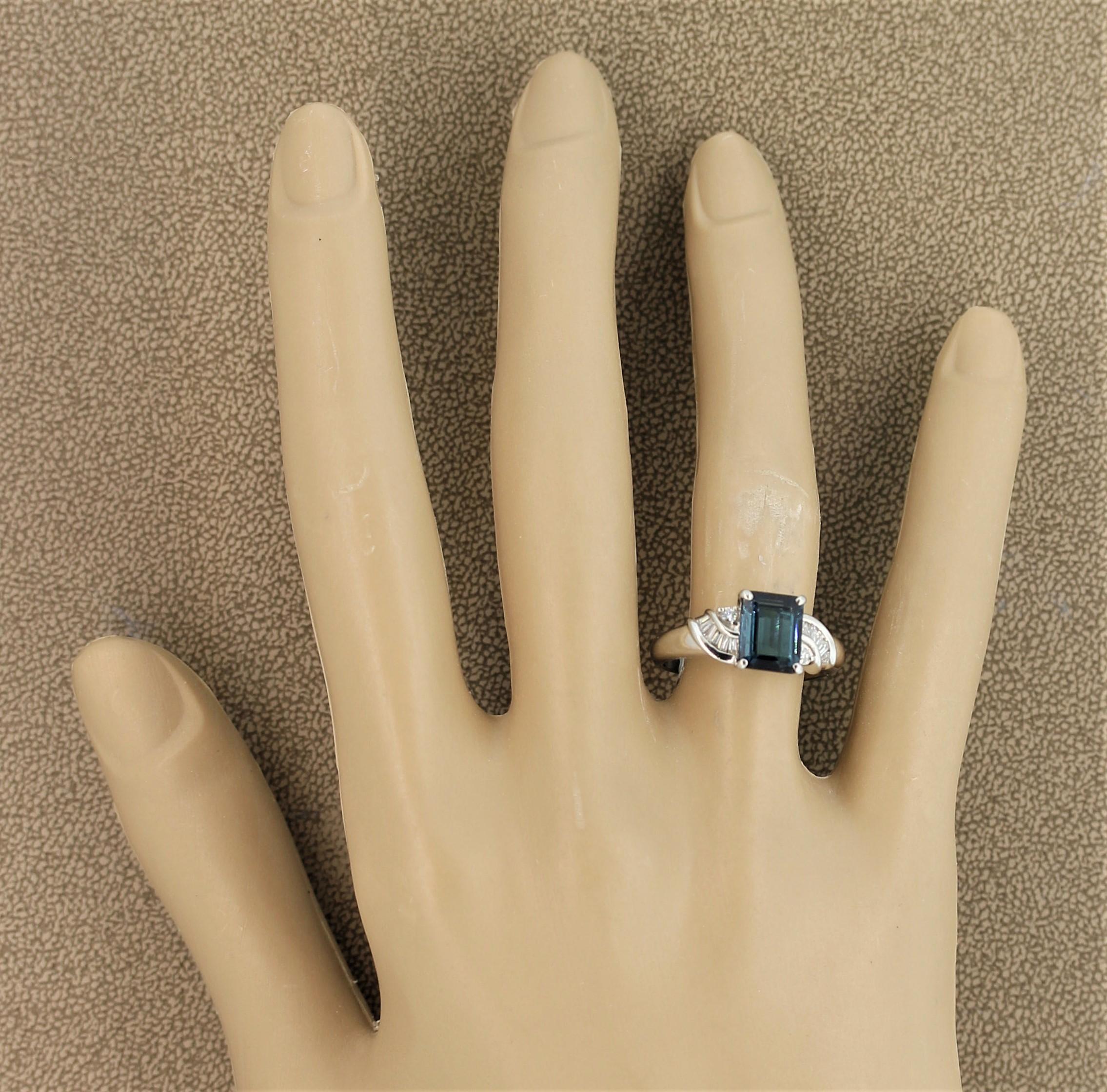 Blue Indicolite Tourmaline Diamond Platinum Ring For Sale 1