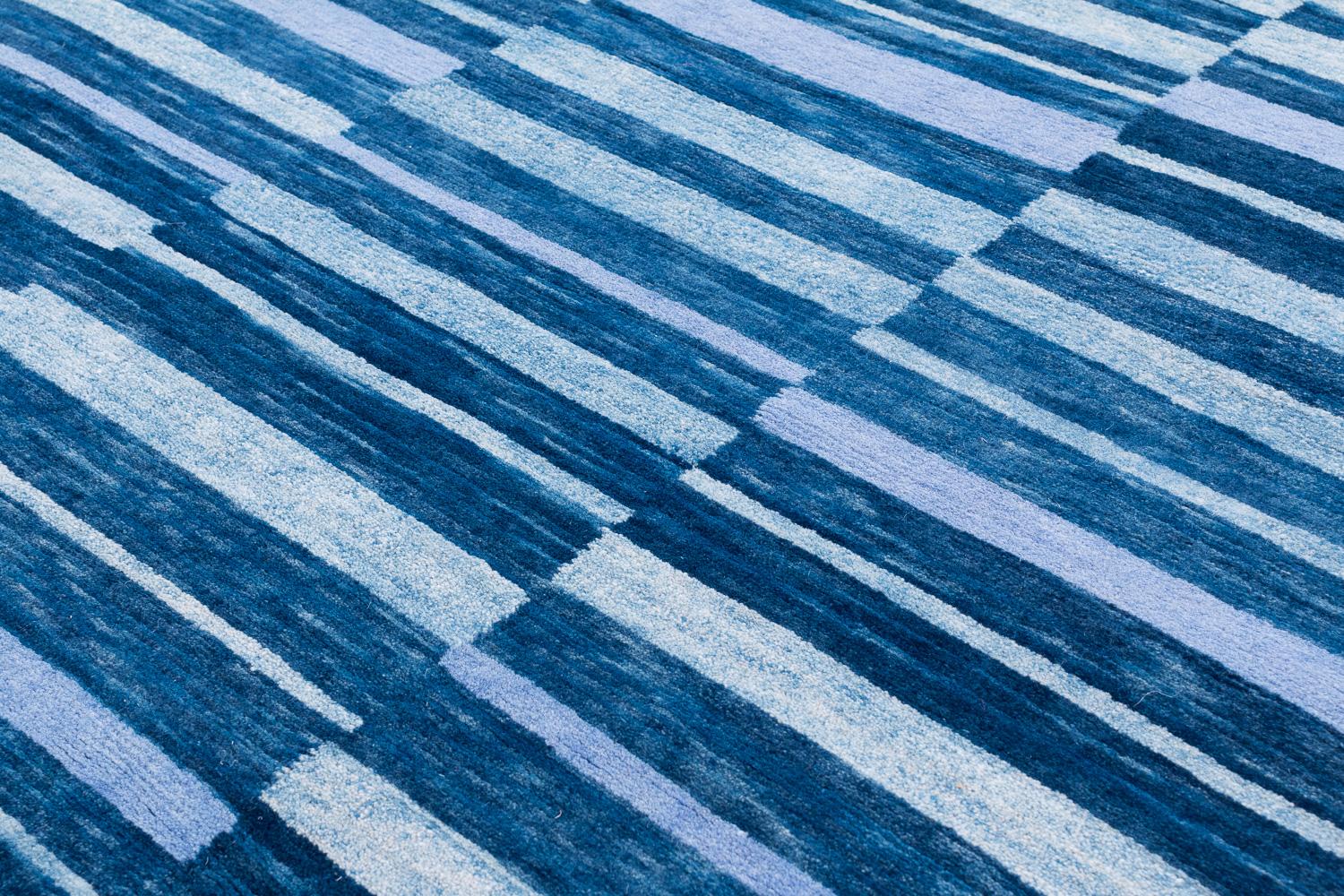 Blue Indigo Stripes Natural Dye Handmade Wool Runner Throw Rug by Joseph Carini For Sale 3