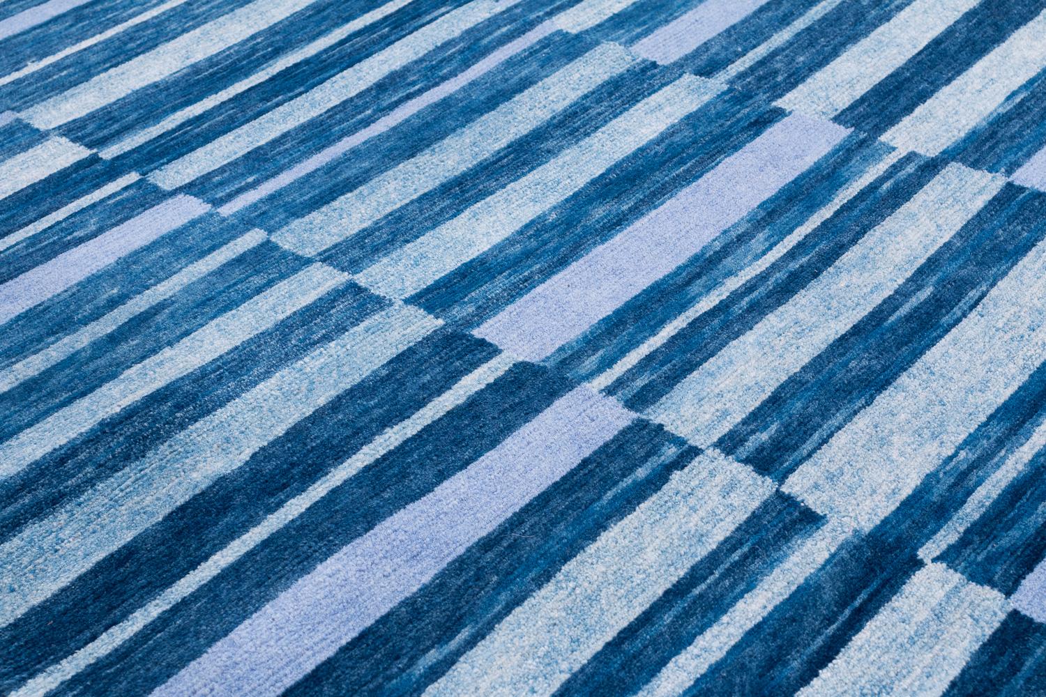 Blue Indigo Stripes Natural Dye Handmade Wool Runner Throw Rug by Joseph Carini For Sale 4
