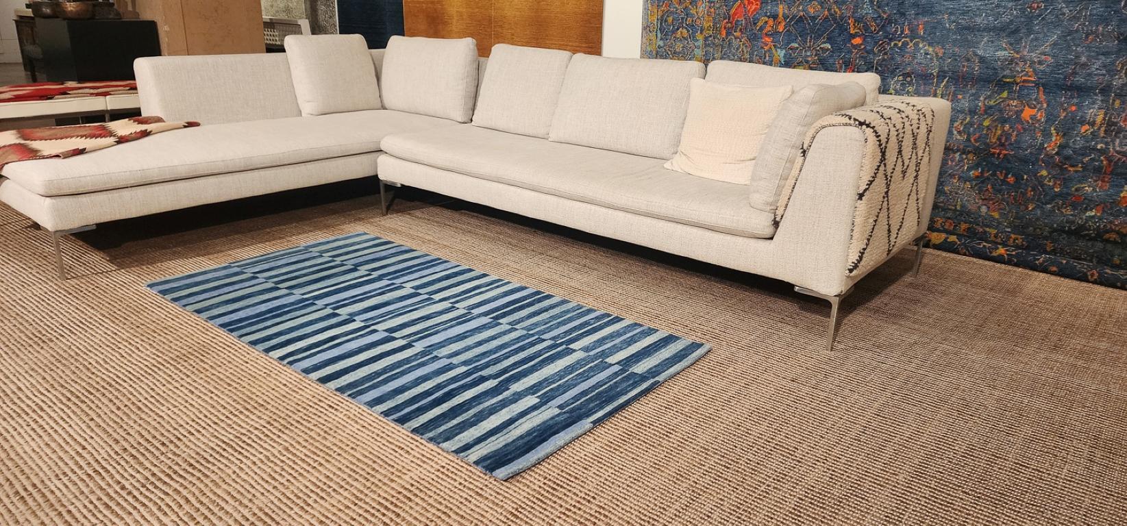 Blue Indigo Stripes Natural Dye Handmade Wool Runner Throw Rug by Joseph Carini For Sale 5