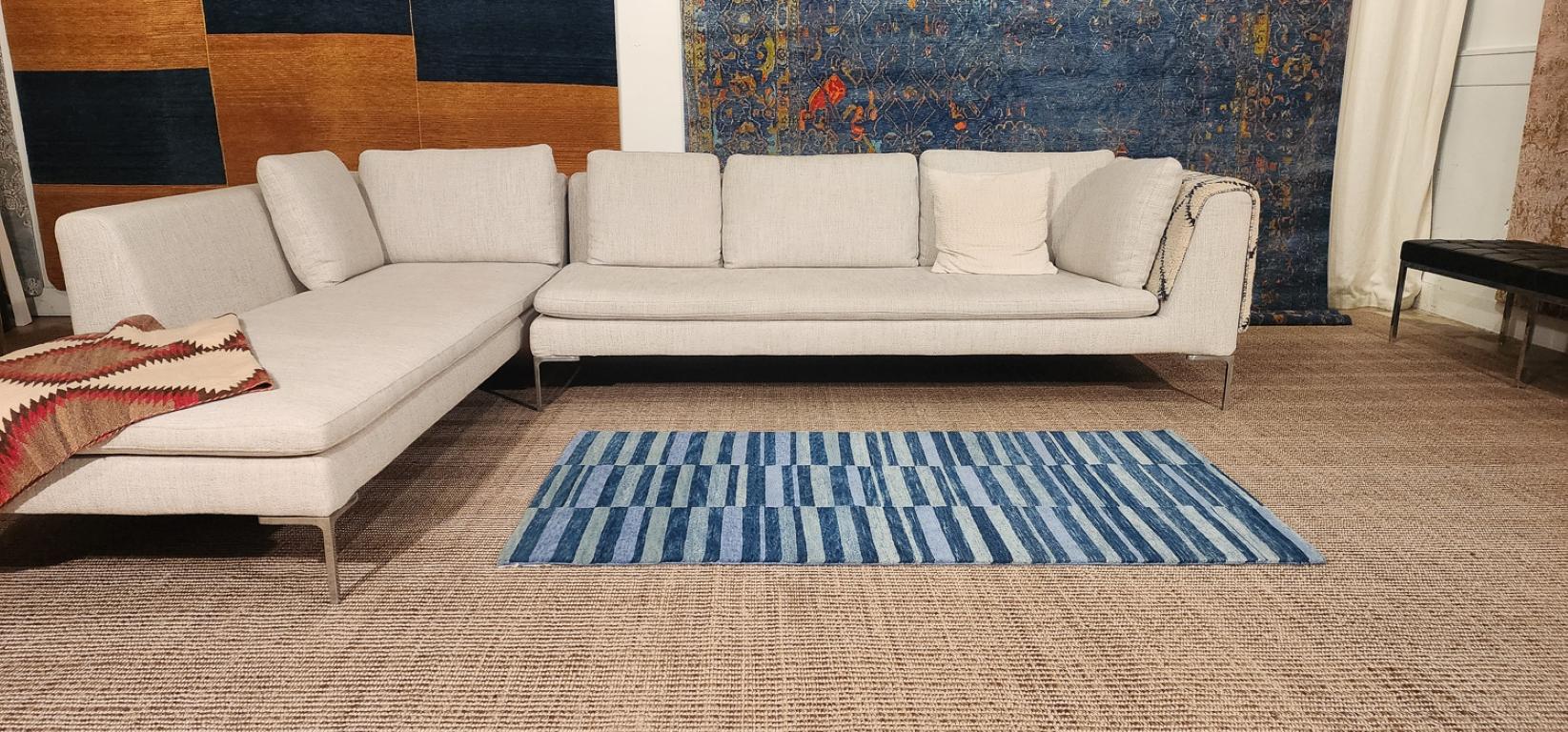 Blue Indigo Stripes Natural Dye Handmade Wool Runner Throw Rug by Joseph Carini For Sale 6