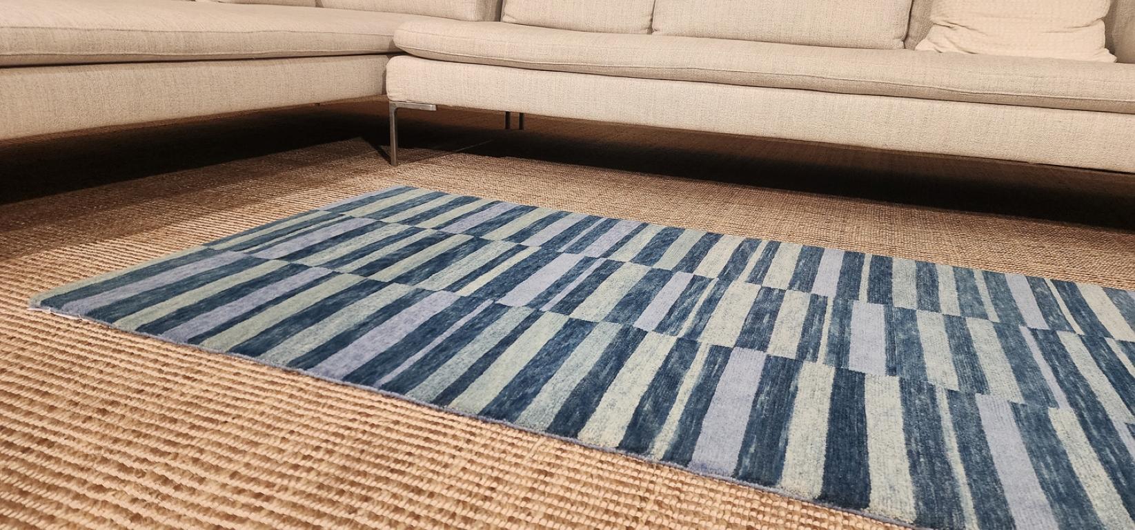 Blue Indigo Stripes Natural Dye Handmade Wool Runner Throw Rug by Joseph Carini For Sale 7
