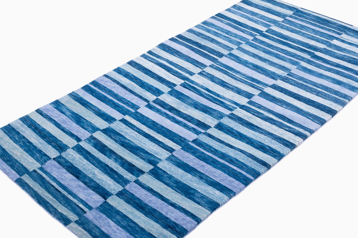 Organic Modern Blue Indigo Stripes Natural Dye Handmade Wool Runner Throw Rug by Joseph Carini For Sale