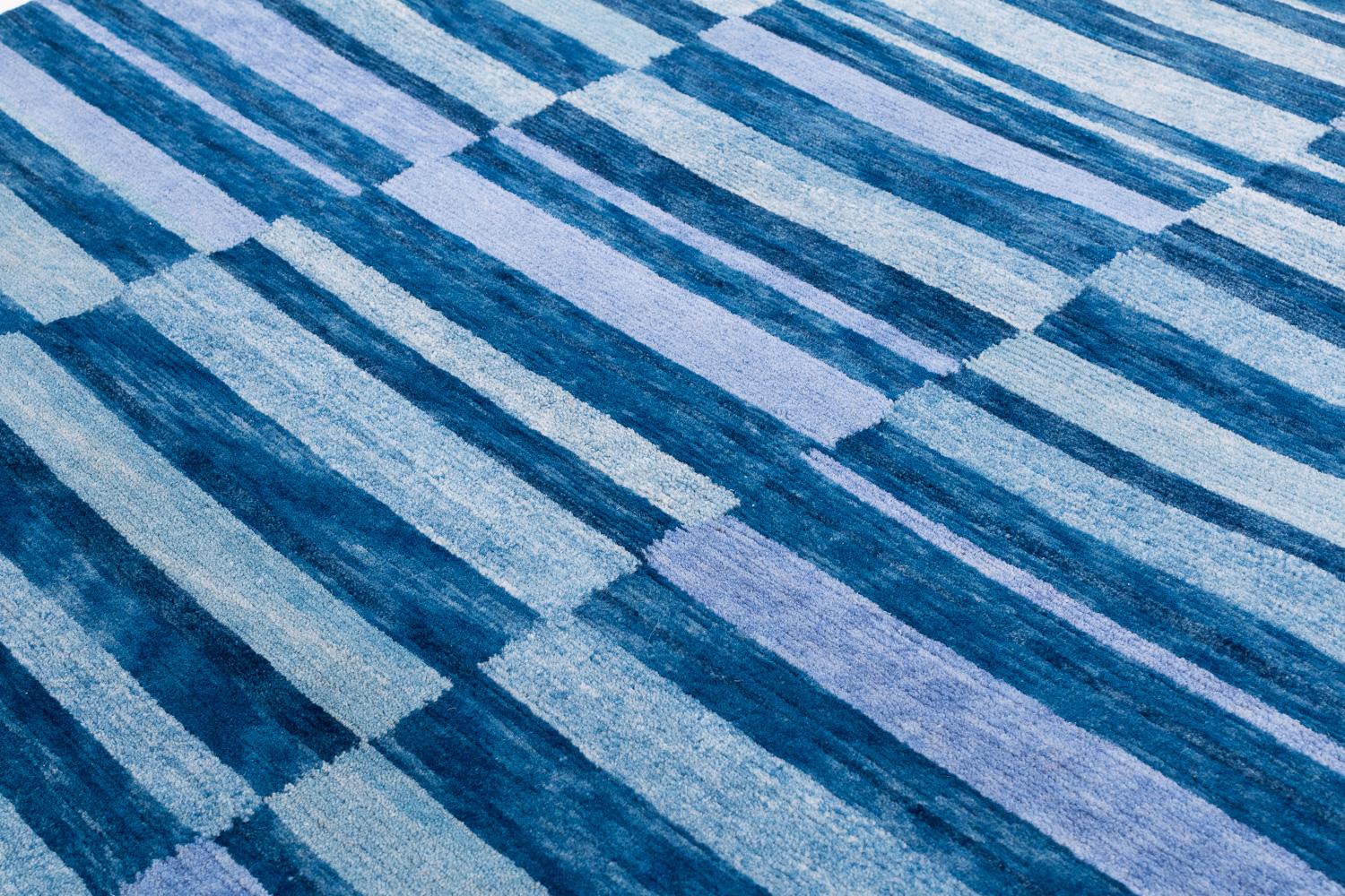 Nepalese Blue Indigo Stripes Natural Dye Handmade Wool Runner Throw Rug by Joseph Carini For Sale