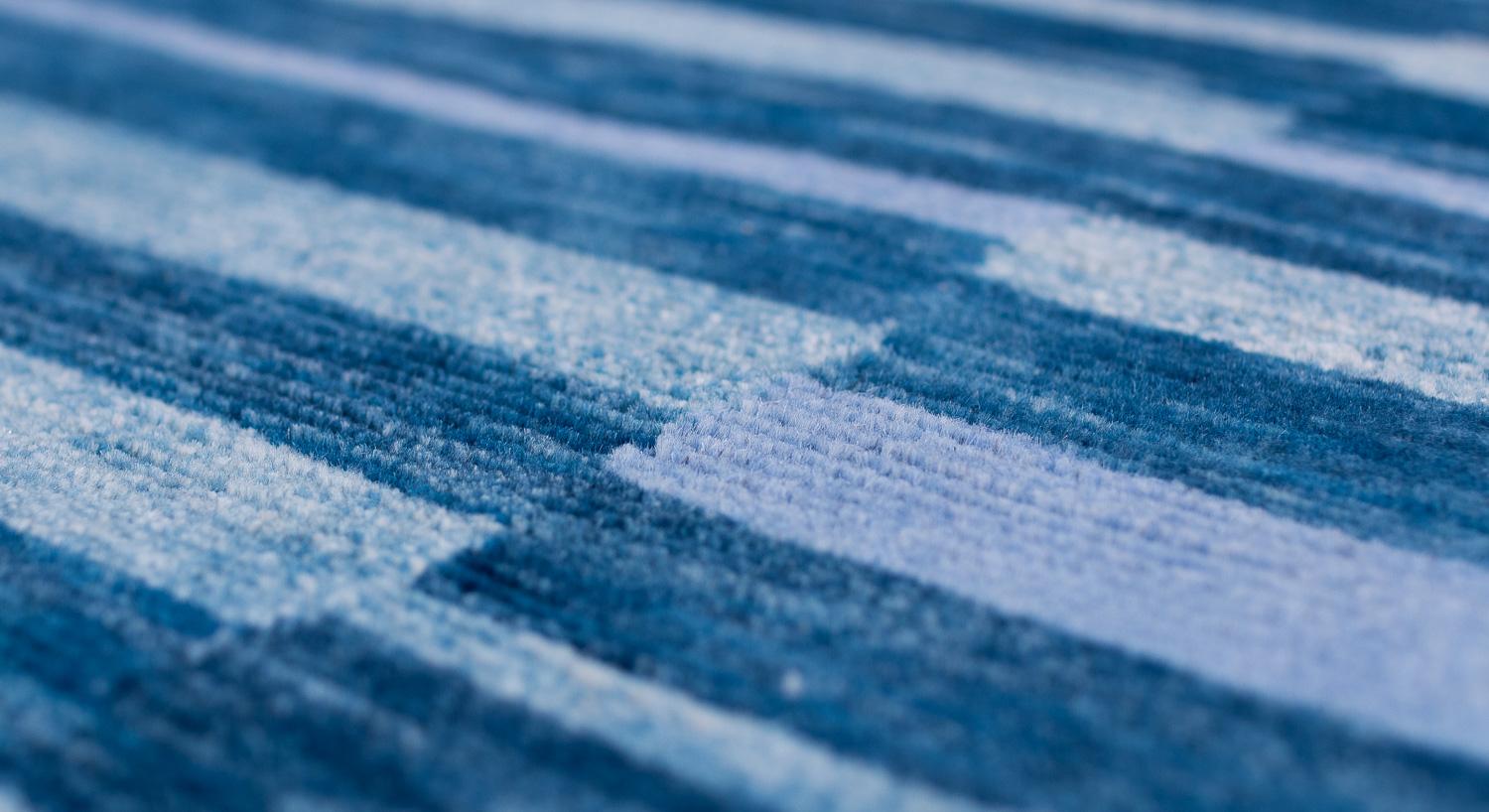 Hand-Knotted Blue Indigo Stripes Natural Dye Handmade Wool Runner Throw Rug by Joseph Carini For Sale