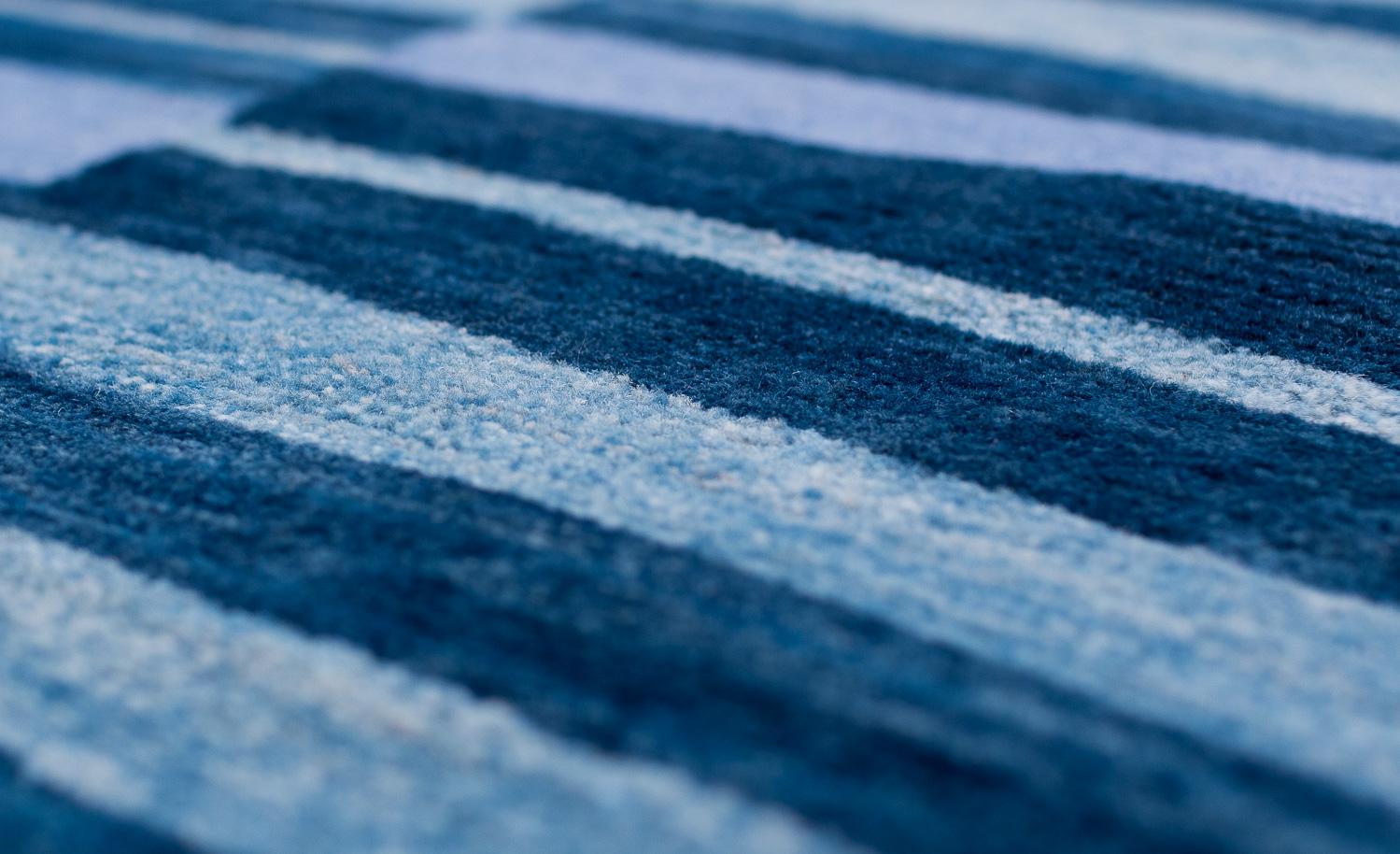 Blue Indigo Stripes Natural Dye Handmade Wool Runner Throw Rug by Joseph Carini In New Condition For Sale In New York, NY