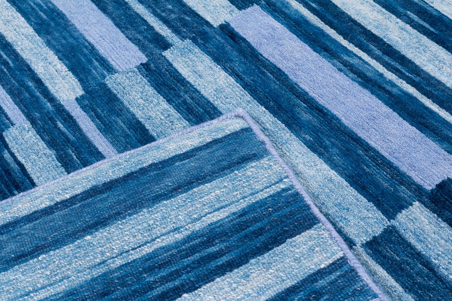 Contemporary Blue Indigo Stripes Natural Dye Handmade Wool Runner Throw Rug by Joseph Carini For Sale