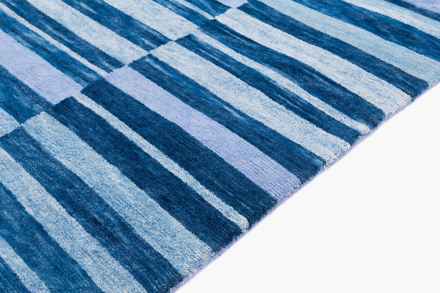 Blue Indigo Stripes Natural Dye Handmade Wool Runner Throw Rug by Joseph Carini For Sale 1