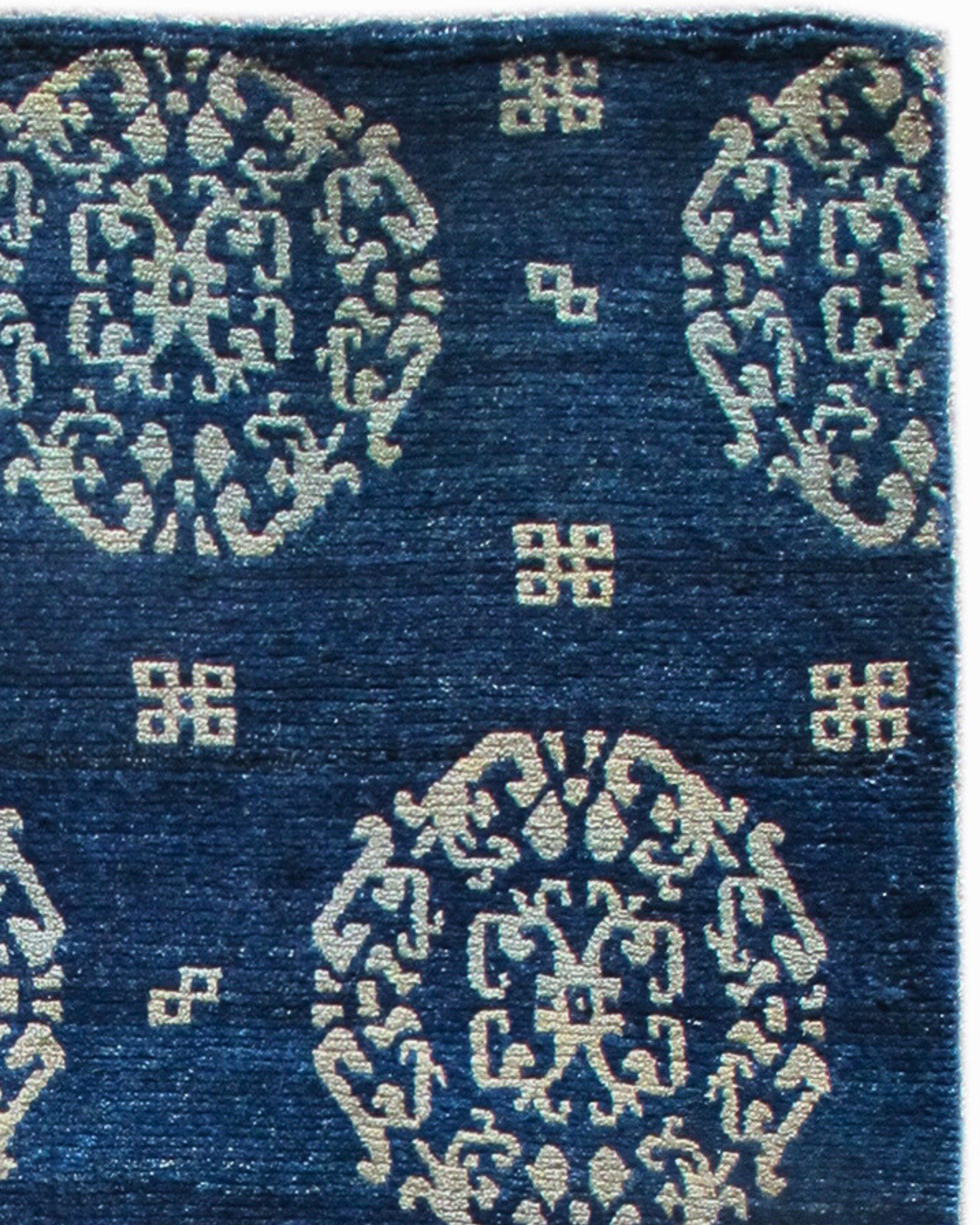 Hand-Knotted Antique Blue-Indigo Tibetan Khaden Rug with Peonies, Late 19th Century For Sale
