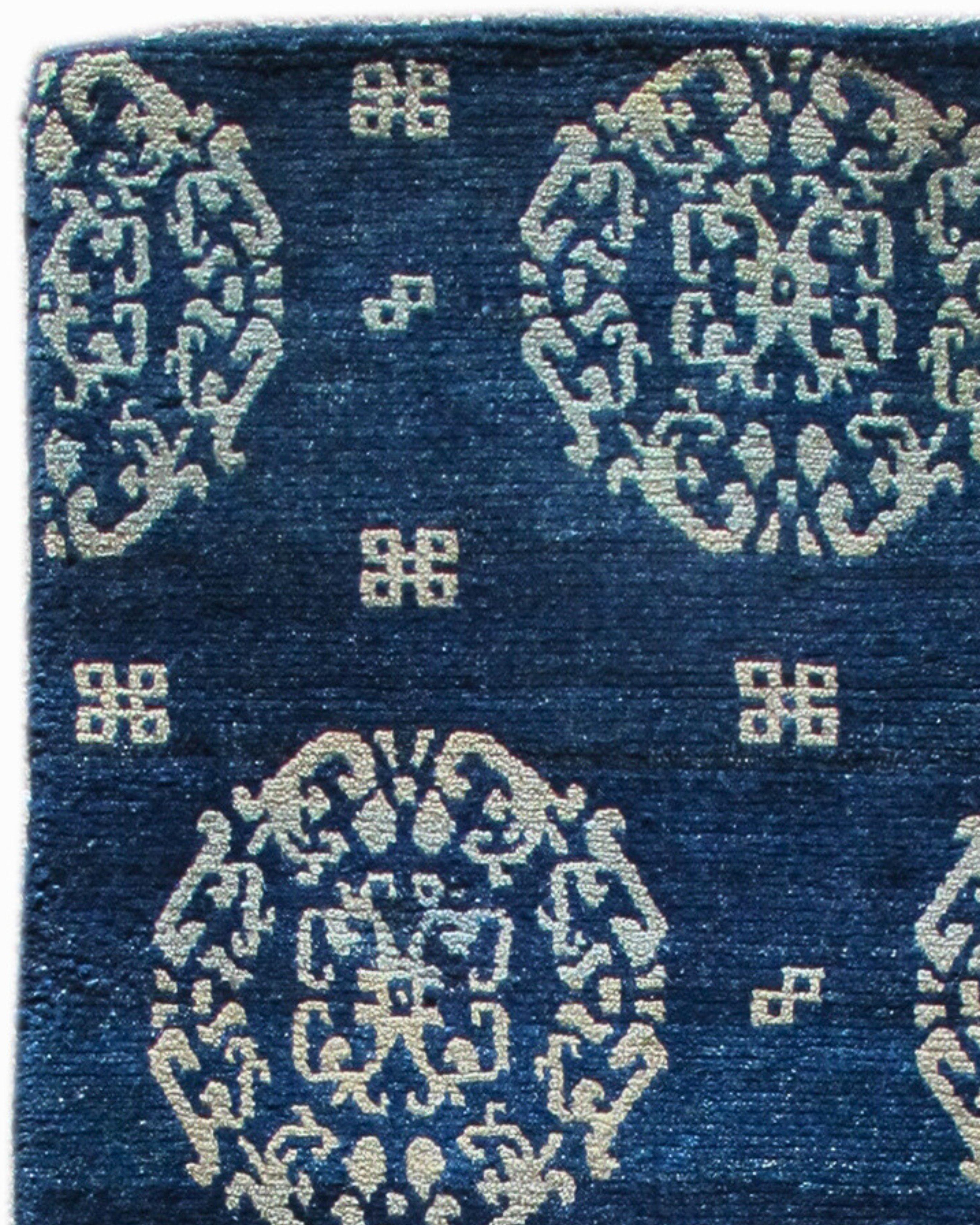 Antique Blue-Indigo Tibetan Khaden Rug with Peonies, Late 19th Century In Excellent Condition For Sale In San Francisco, CA
