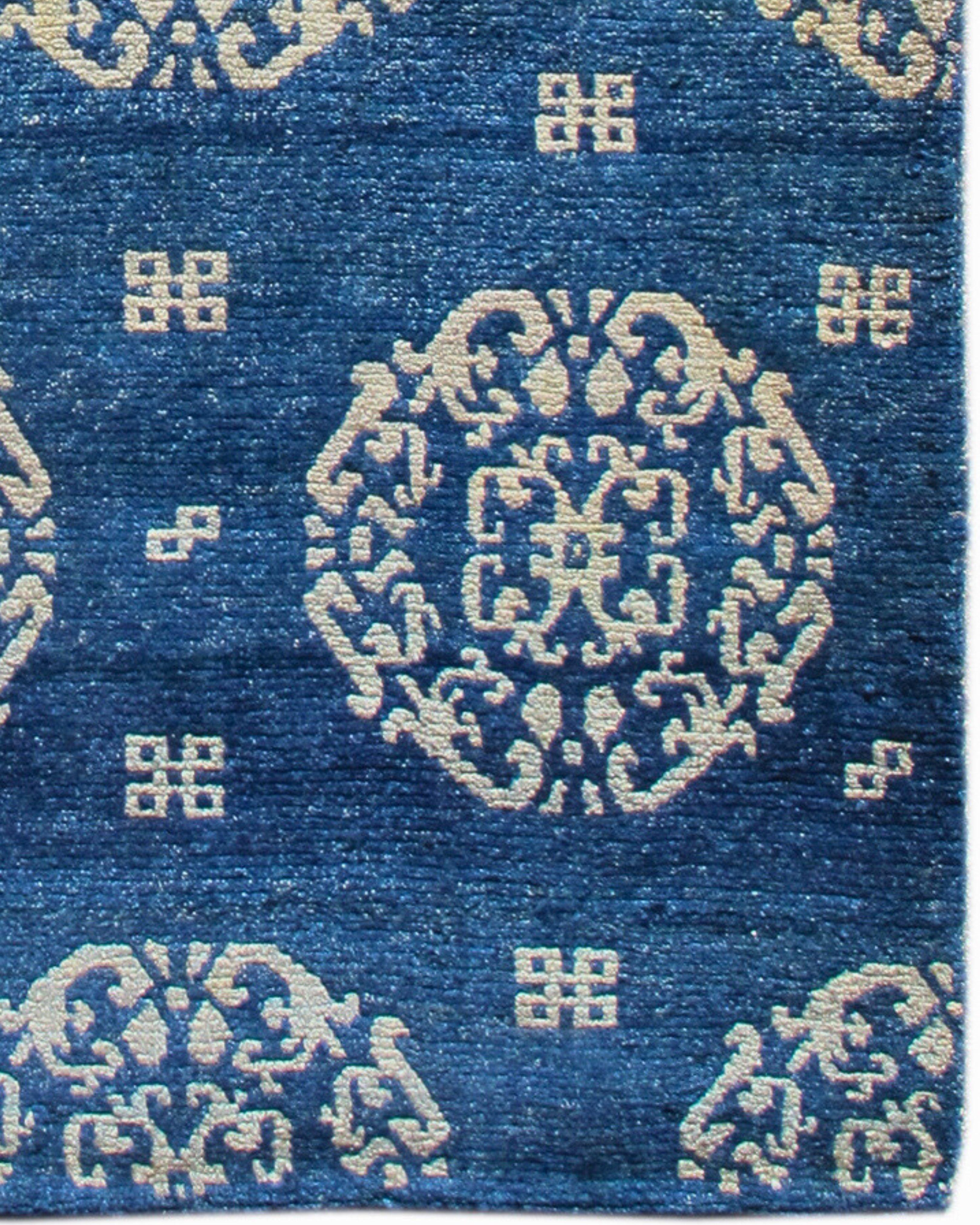 Antique Blue-Indigo Tibetan Khaden Rug with Peonies, Late 19th Century For Sale 1