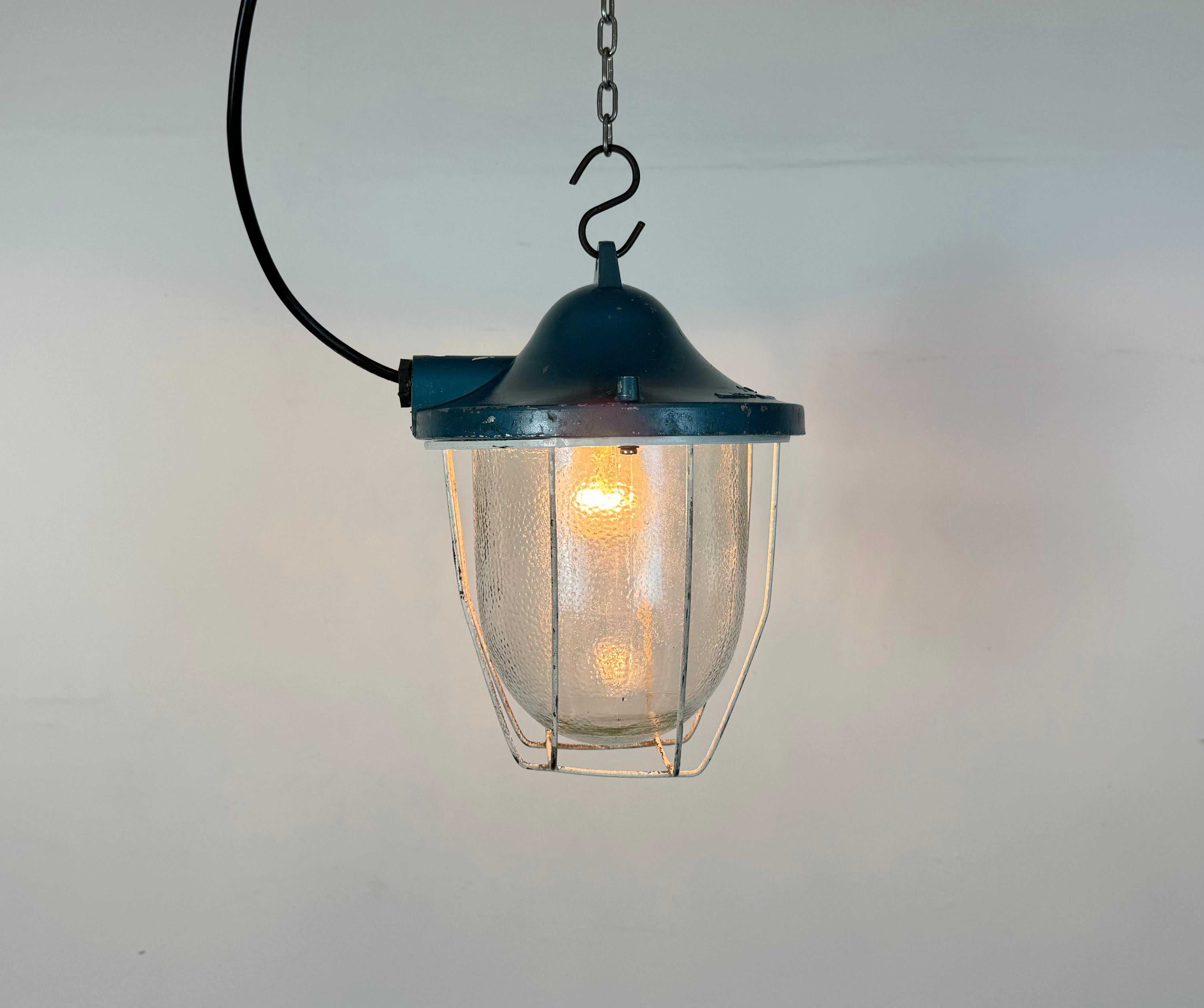Blue Industrial Bunker Cage Light from Polam Gdansk, 1970s For Sale 3