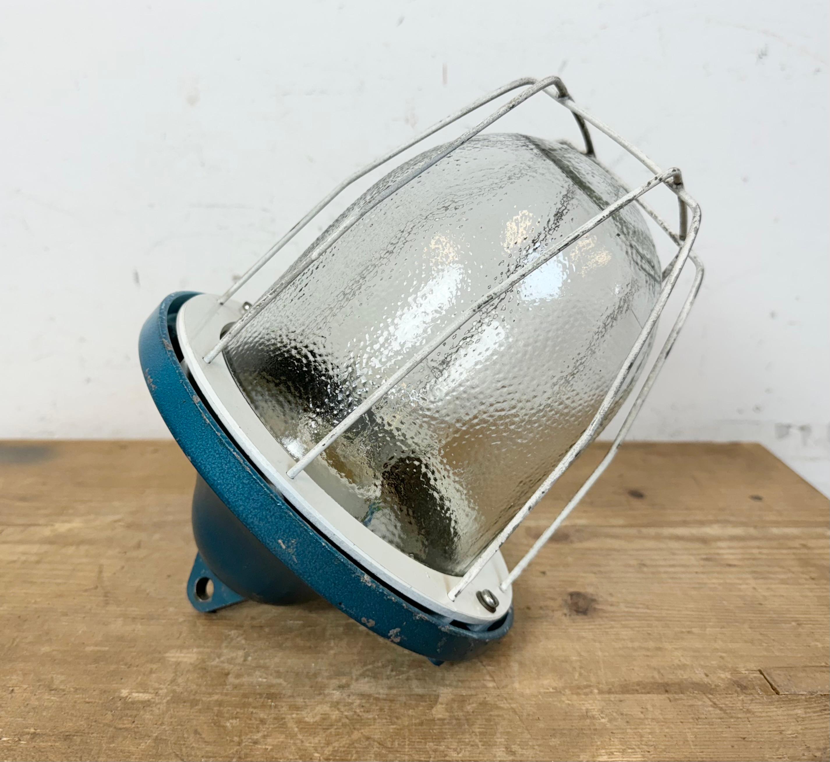 Blue Industrial Bunker Cage Light from Polam Gdansk, 1970s For Sale 4