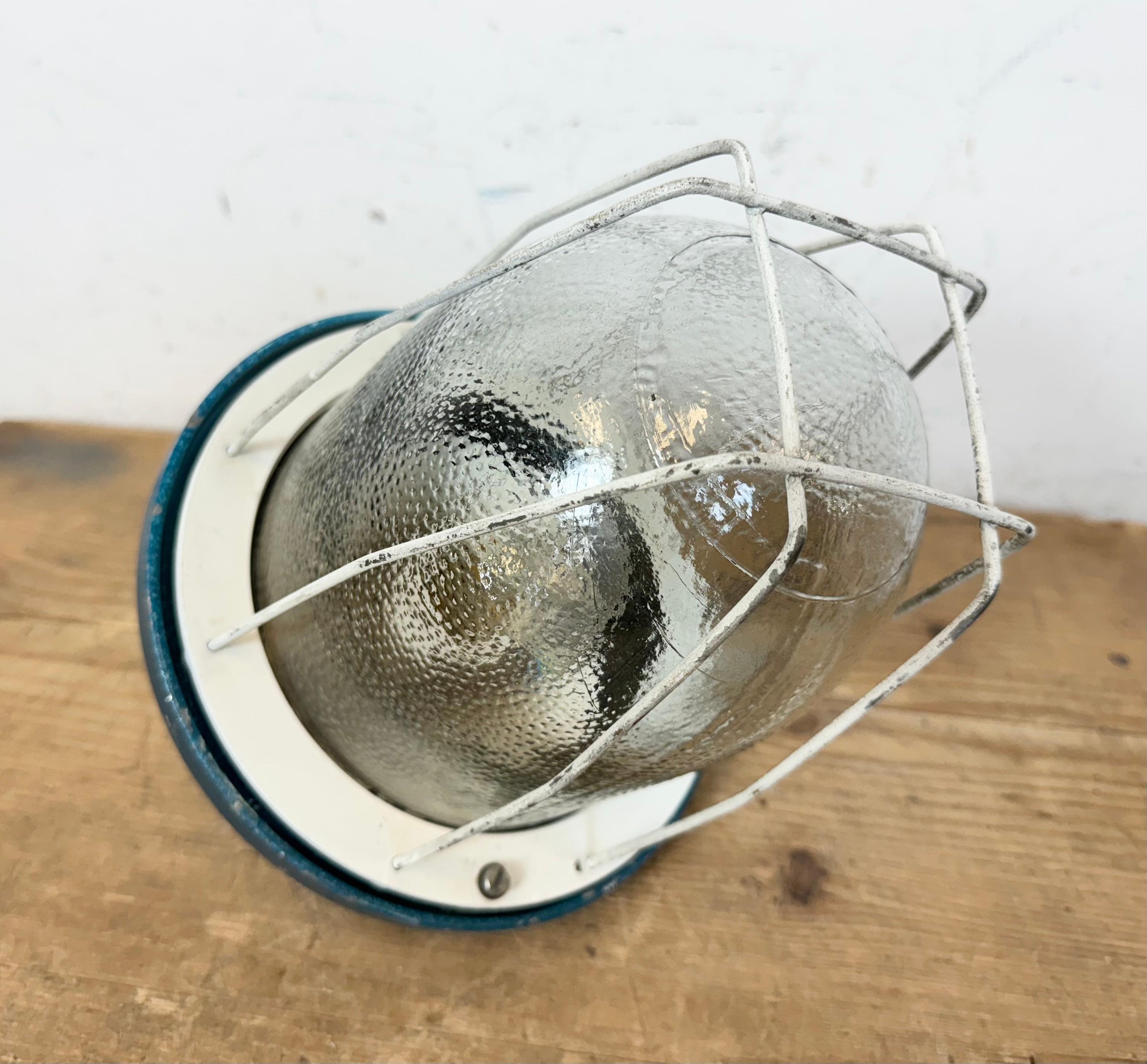 Blue Industrial Bunker Cage Light from Polam Gdansk, 1970s For Sale 7