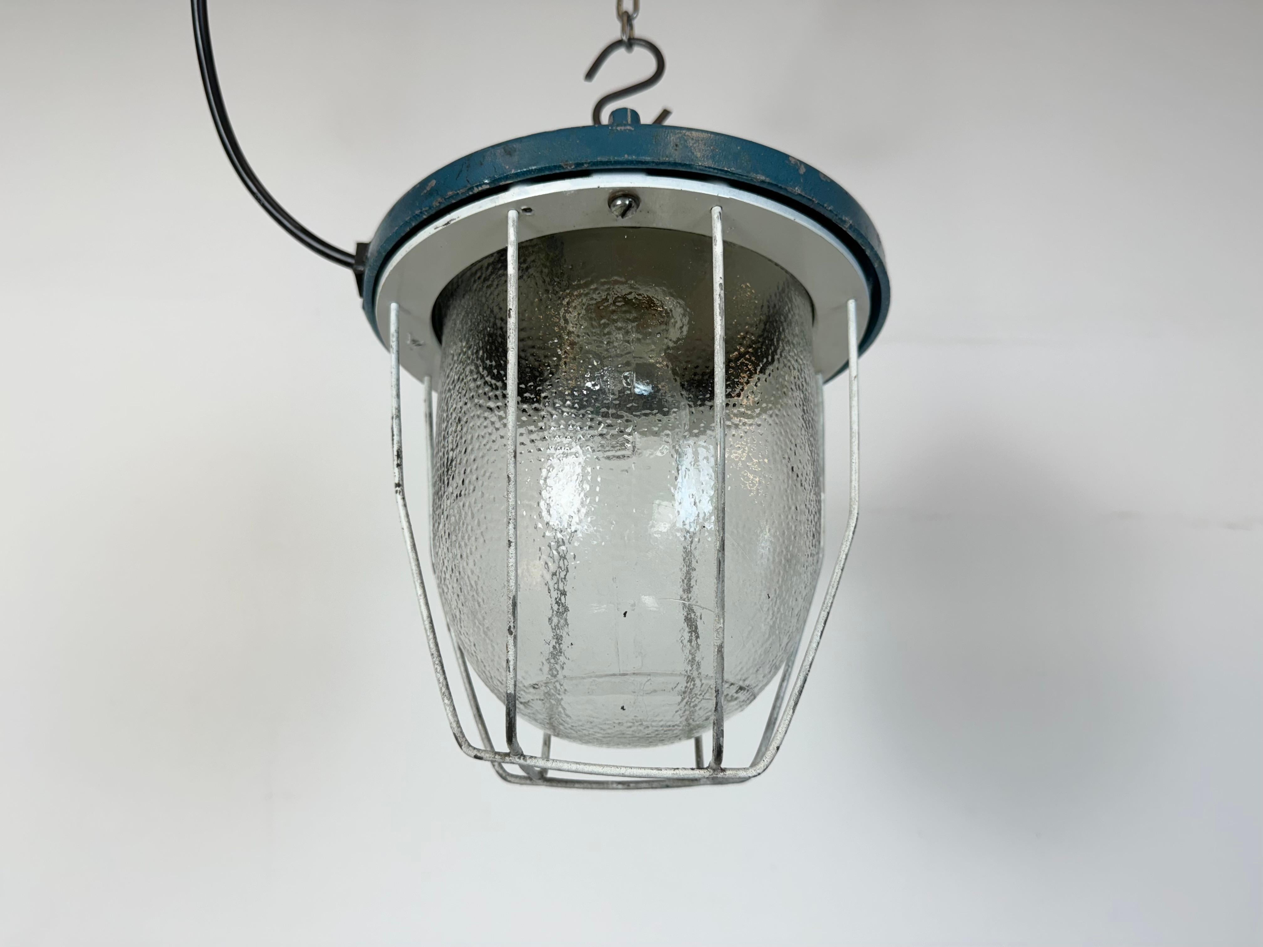 Cast Blue Industrial Bunker Cage Light from Polam Gdansk, 1970s For Sale