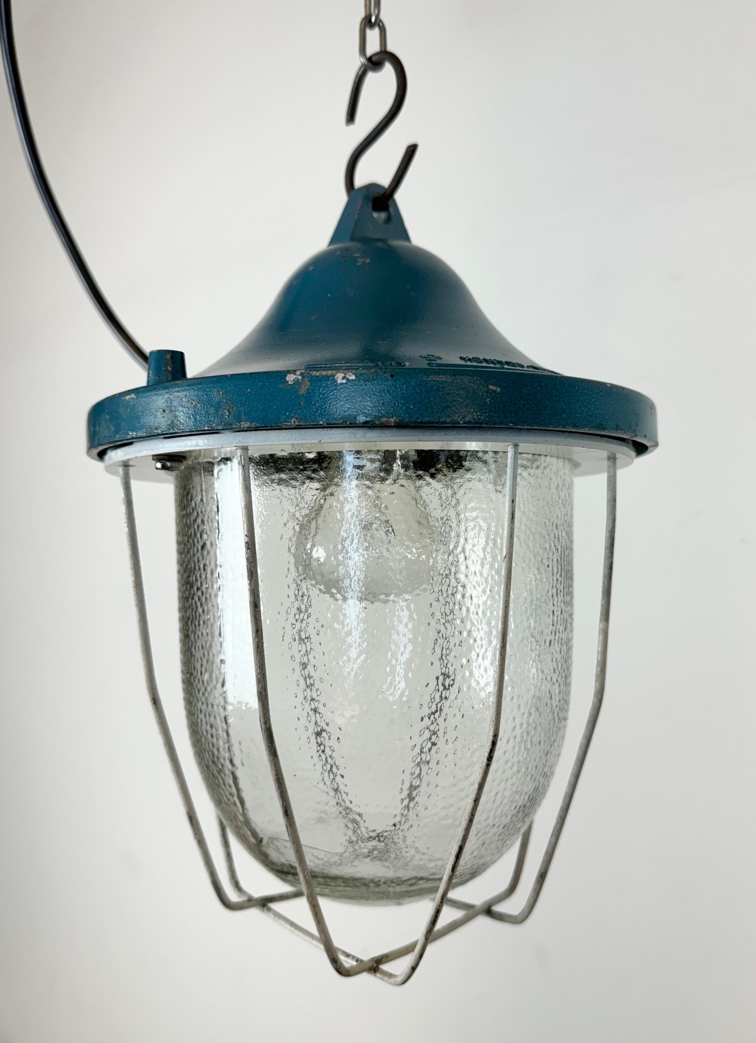 Blue Industrial Bunker Cage Light from Polam Gdansk, 1970s In Good Condition For Sale In Kojetice, CZ