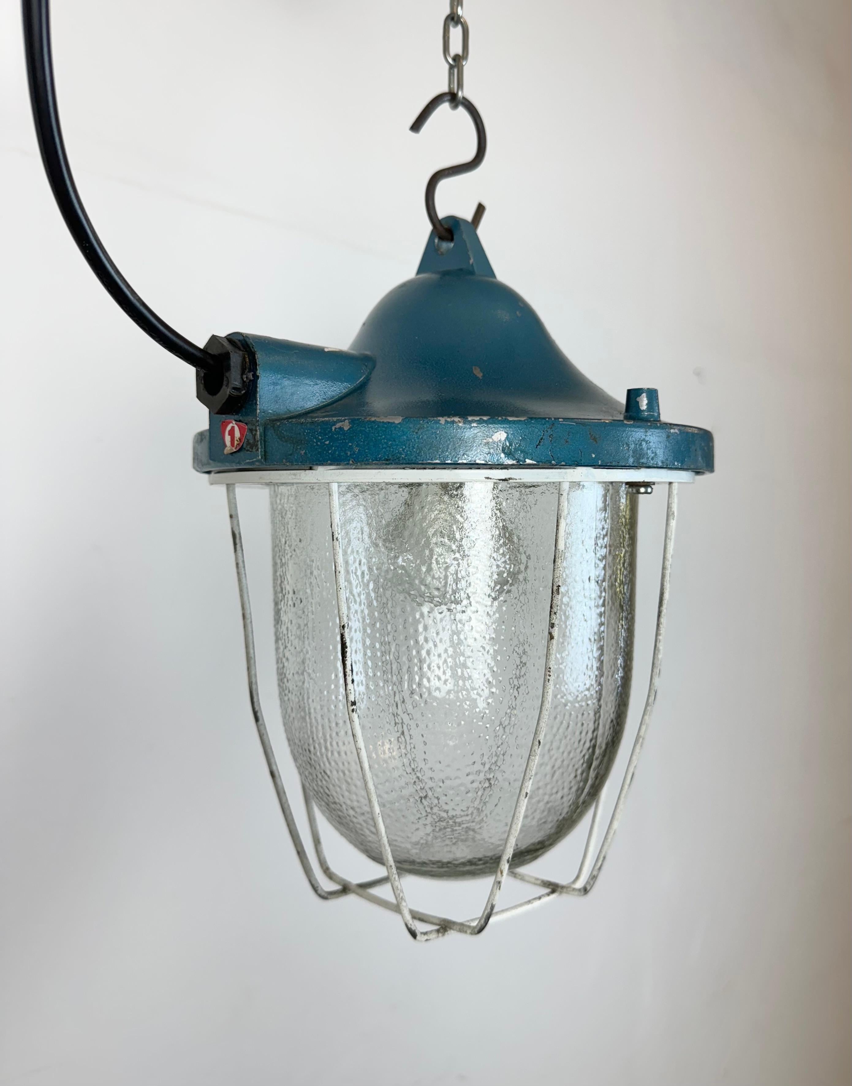 Late 20th Century Blue Industrial Bunker Cage Light from Polam Gdansk, 1970s For Sale