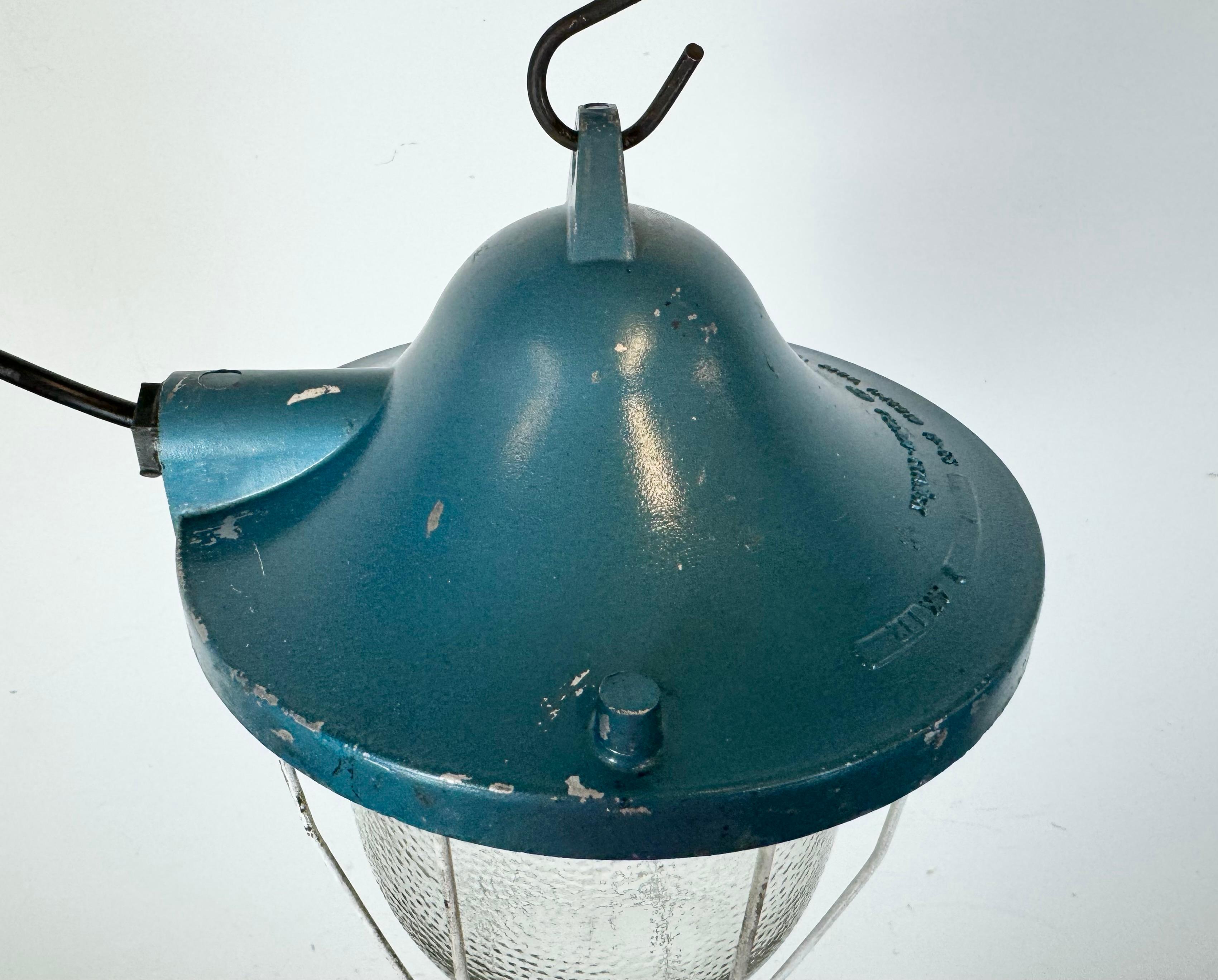 Aluminum Blue Industrial Bunker Cage Light from Polam Gdansk, 1970s For Sale