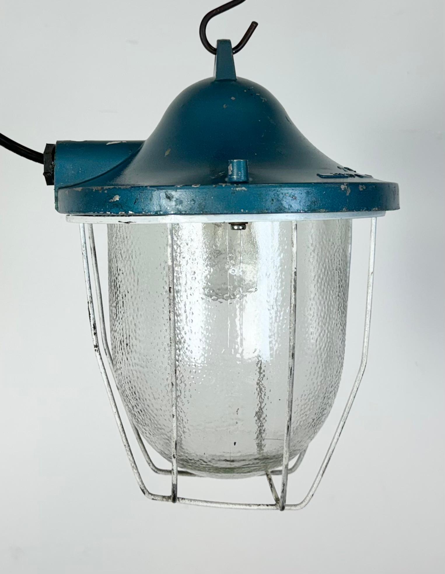 Blue Industrial Bunker Cage Light from Polam Gdansk, 1970s For Sale 1
