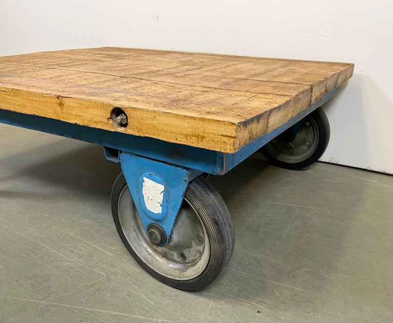 Czech Blue Industrial Coffee Table Cart, 1960s For Sale